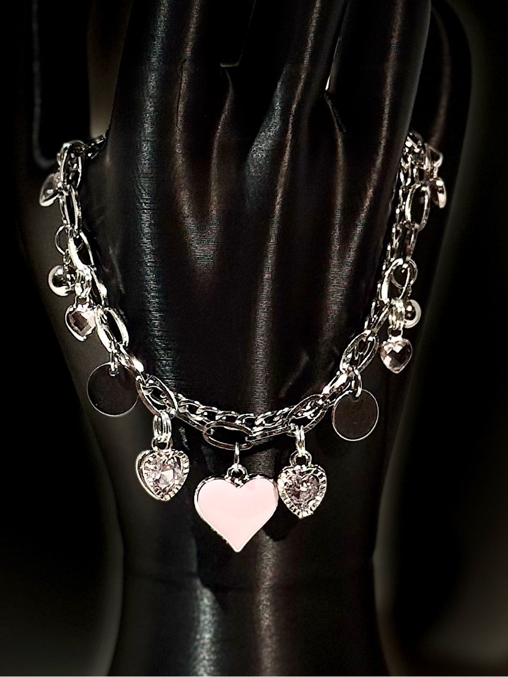 Silver Heart Charm Bracelet with Pink Enamel Heart